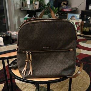 Michael Kors Dark Brown MK Monogram Backpack with Tan Trim